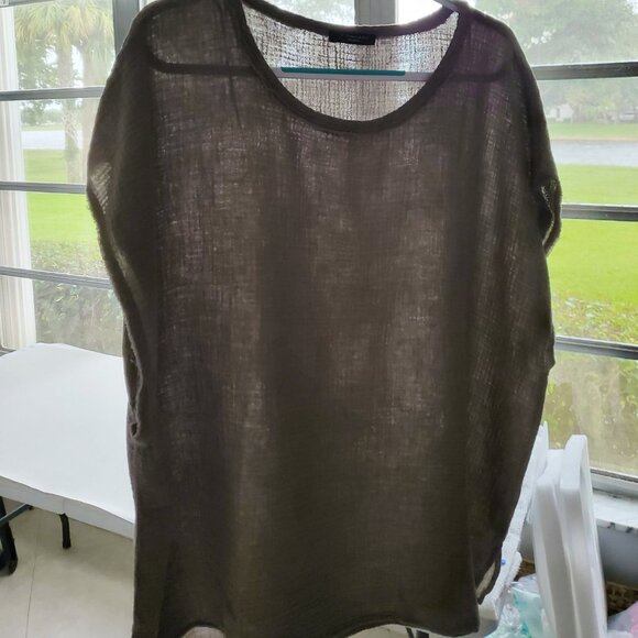 T Tahari Woman Crinkle 100% Cotton Gauze Boxy Raw edges Cap sleeve Grey Size 3XL - Picture 5 of 15